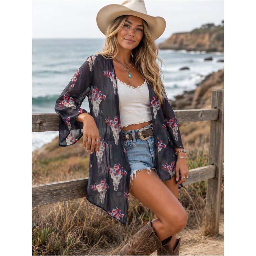 Coastal Cowgirl Sheer Black Floral Cow Skull Kimono